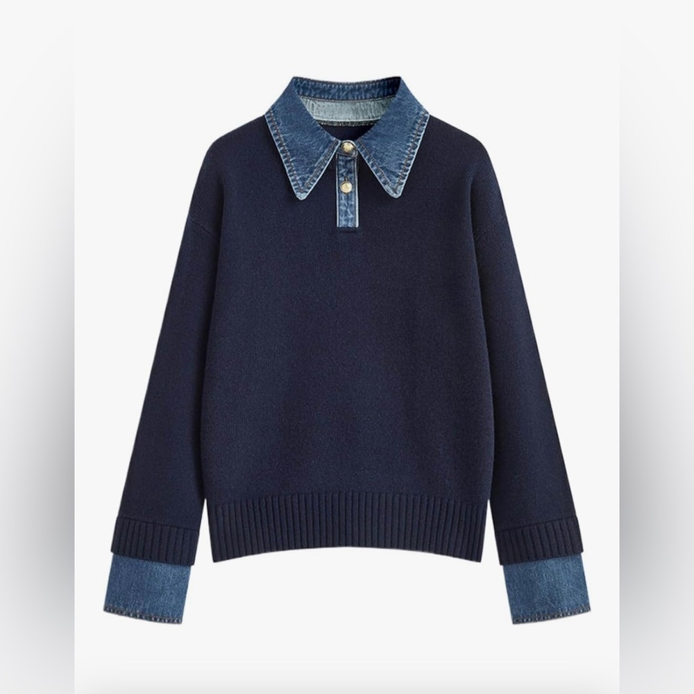 Navy Blue Sweater with Denim Accents